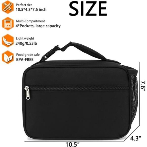 Black Insulated Lunch Box Bag for Kids Adults School Work Picnic Travel Cooler - Picture 3 of 7